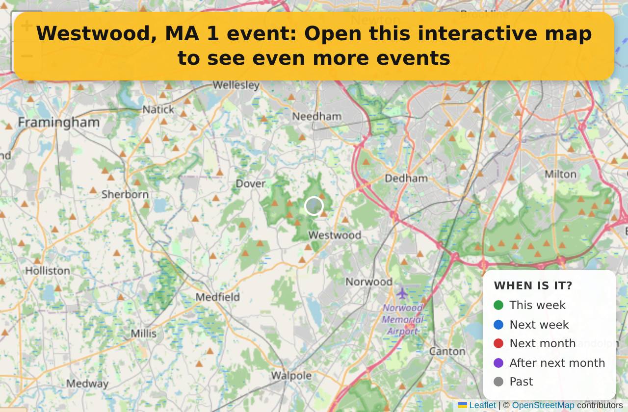 Map of events in Westwood, MA on the interactive EVENTULIST map