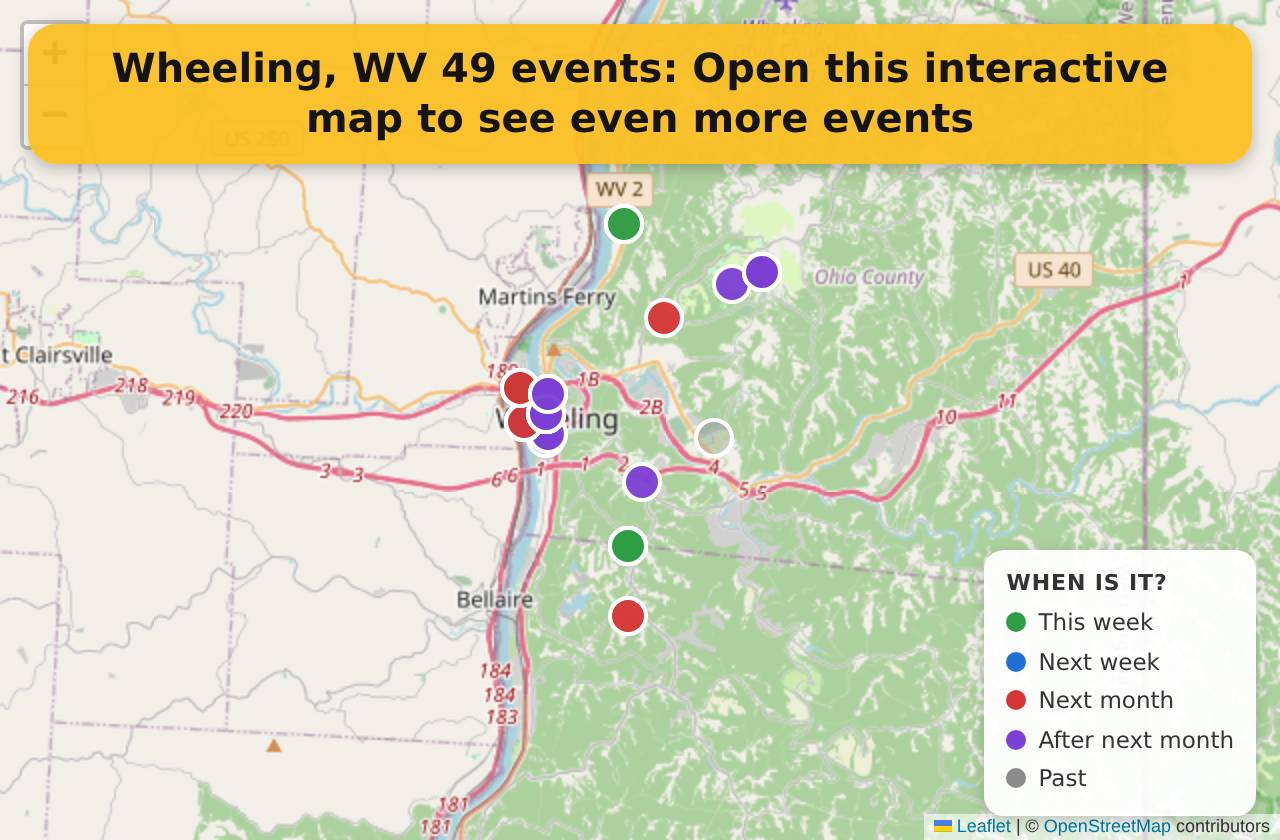Map of events in Wheeling, WV on the interactive EVENTULIST map