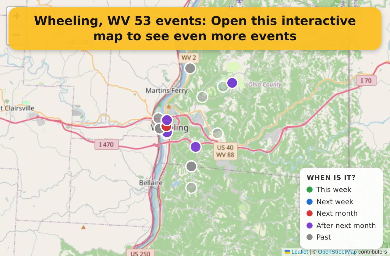 Map of events in Wheeling, WV on the interactive EVENTULIST map