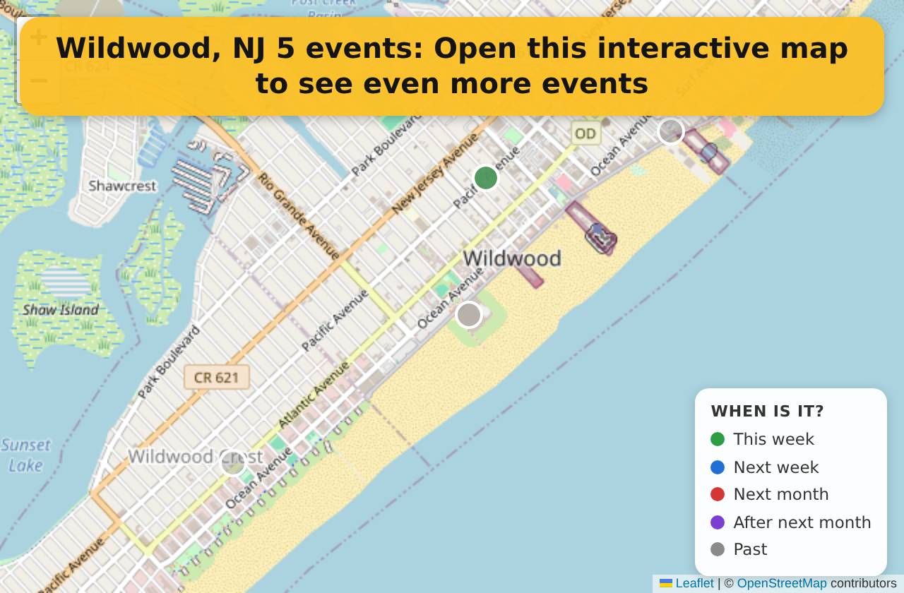 Map of events in Wildwood, NJ on the interactive EVENTULIST map