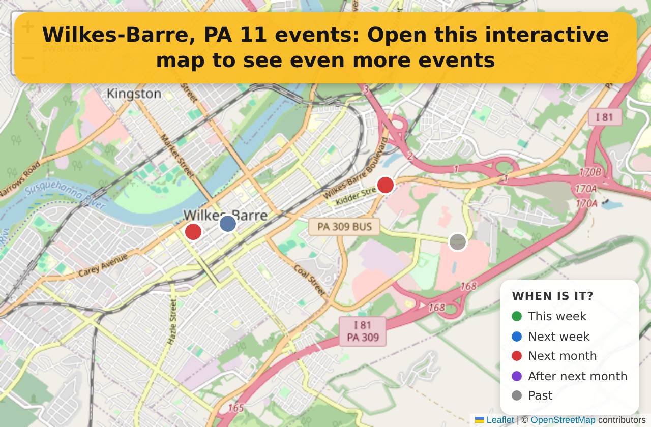 Map of events in Wilkes-Barre, PA on the interactive EVENTULIST map