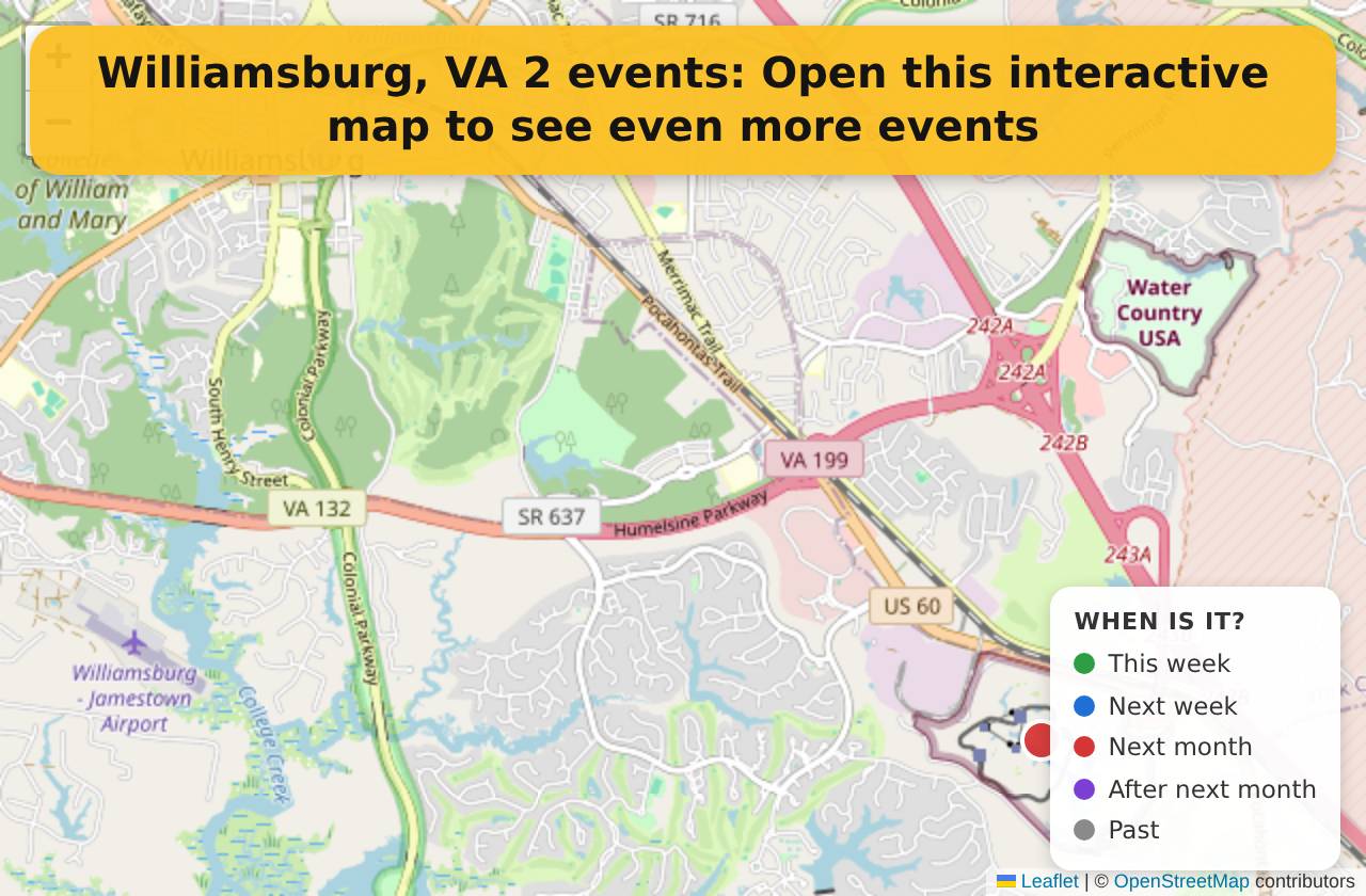 Map of events in Williamsburg, VA on the interactive EVENTULIST map