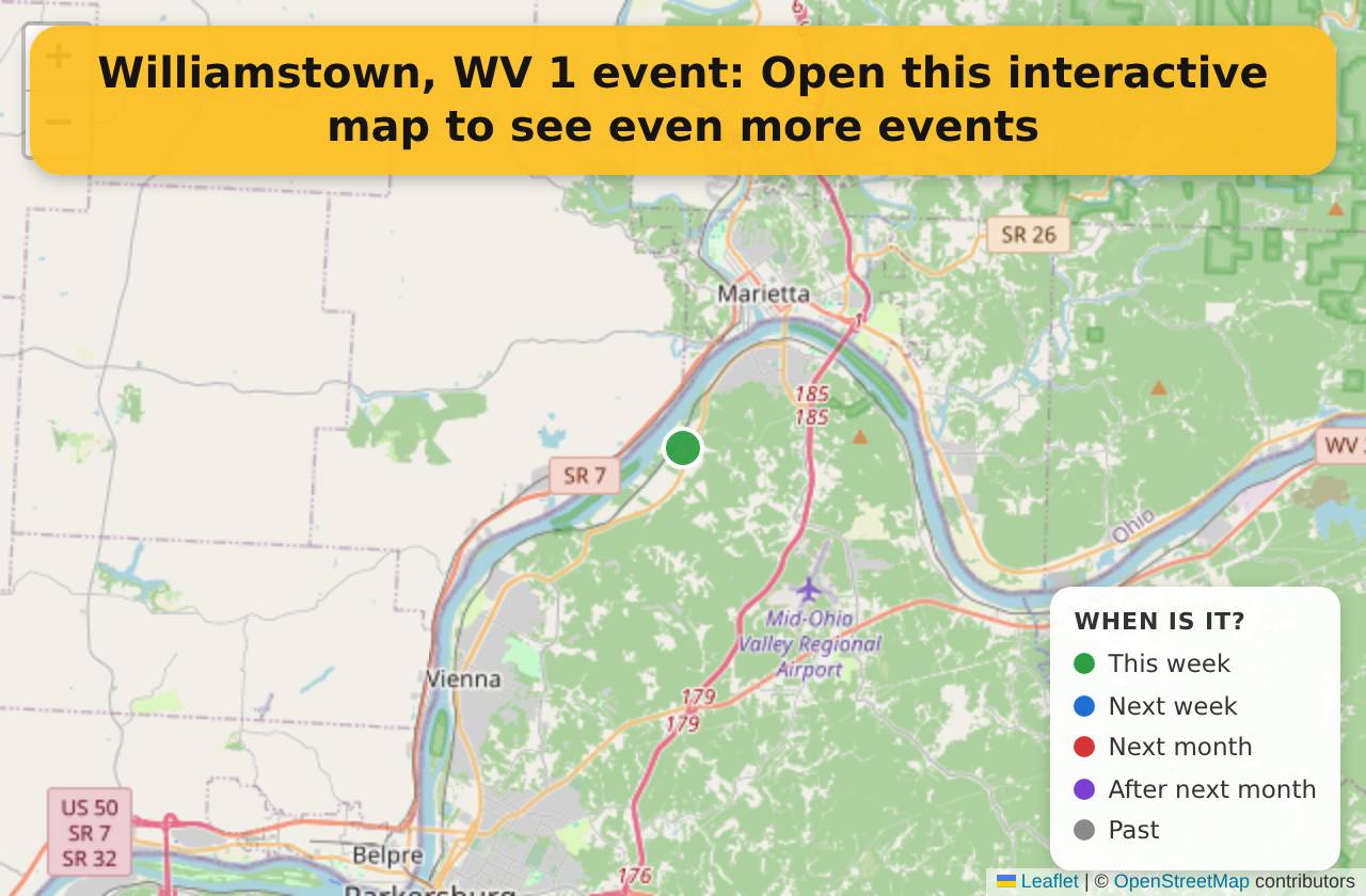 Map of events in Williamstown, WV on the interactive EVENTULIST map