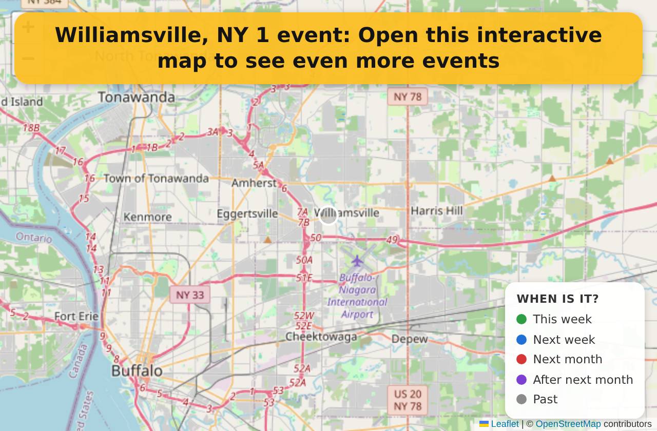Map of events in Williamsville, NY on the interactive EVENTULIST map