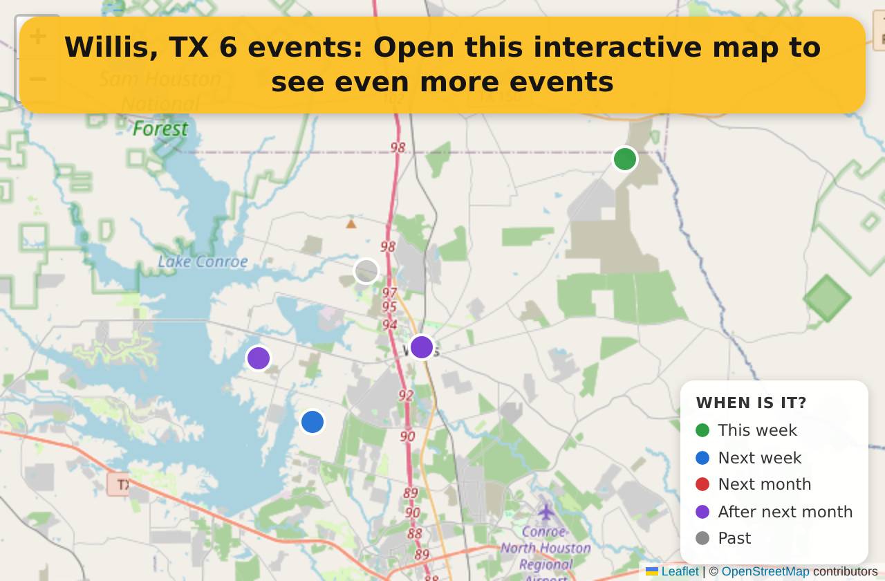 Map of events in Willis, TX on the interactive EVENTULIST map