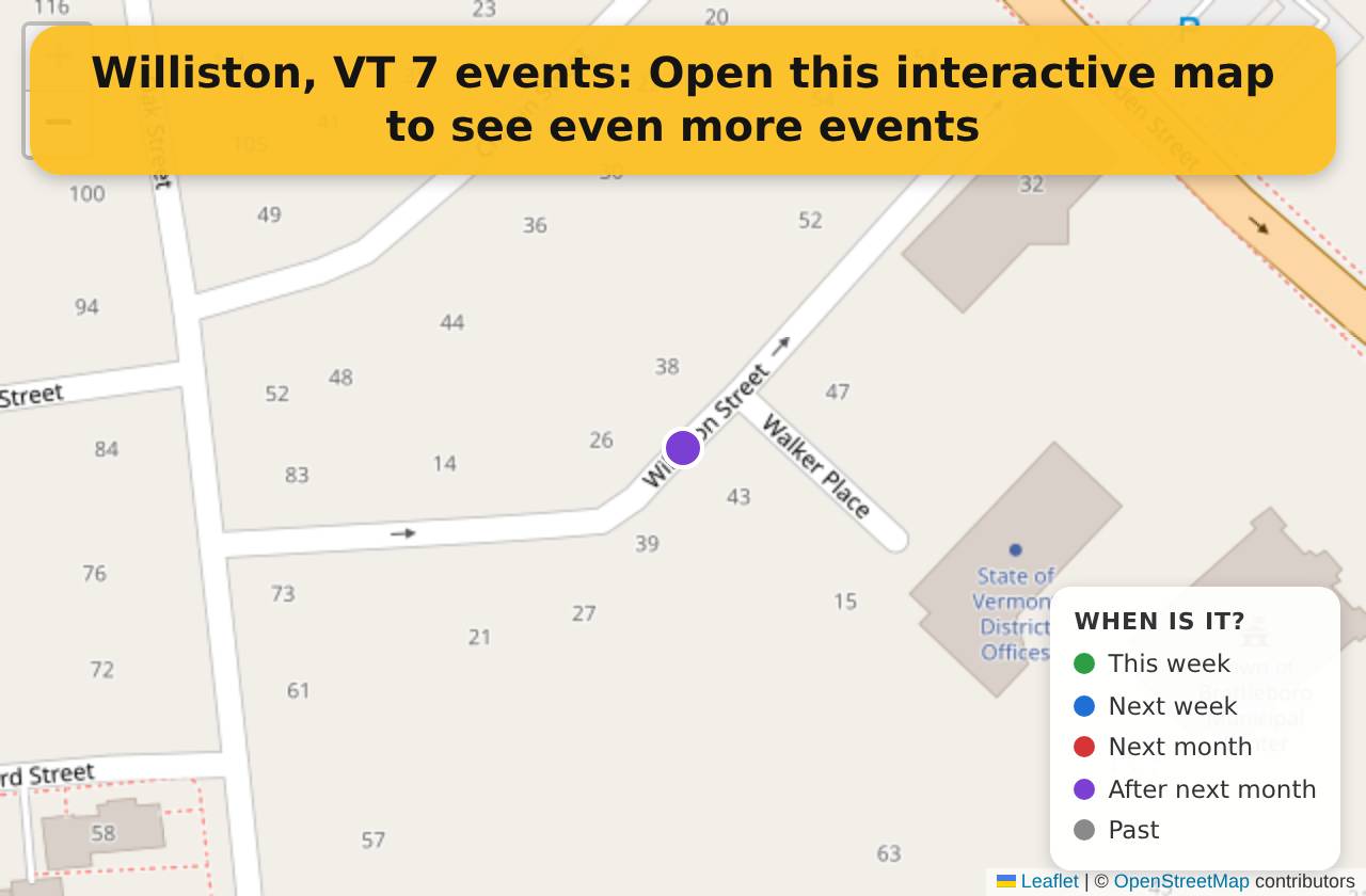 Map of events in Williston, VT on the interactive EVENTULIST map
