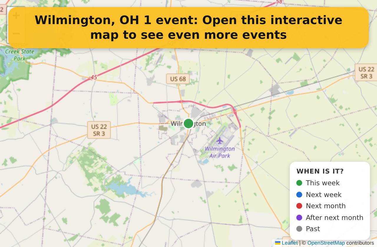 Map of events in Wilmington, OH on the interactive EVENTULIST map