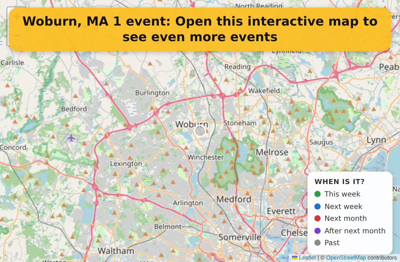 Map of events in Woburn, MA on the interactive EVENTULIST map