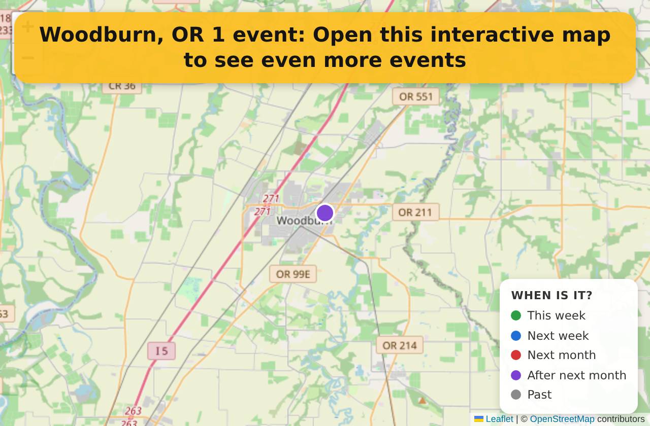 Map of events in Woodburn, OR on the interactive EVENTULIST map