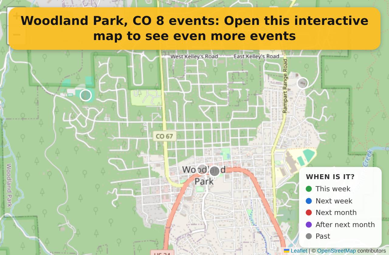 Map of events in Woodland Park, CO on the interactive EVENTULIST map