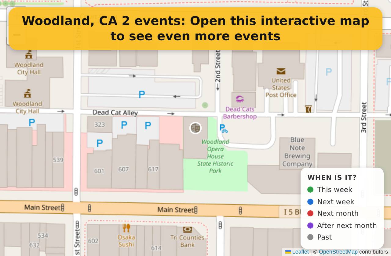 Map of events in Woodland, CA on the interactive EVENTULIST map