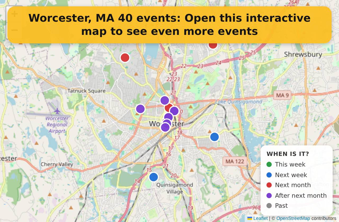 Map of events in Worcester, MA on the interactive EVENTULIST map