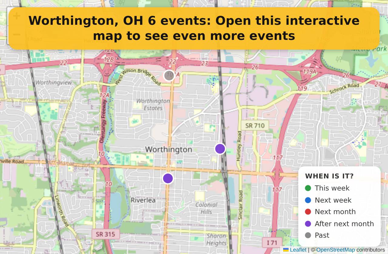 Map of events in Worthington, OH on the interactive EVENTULIST map