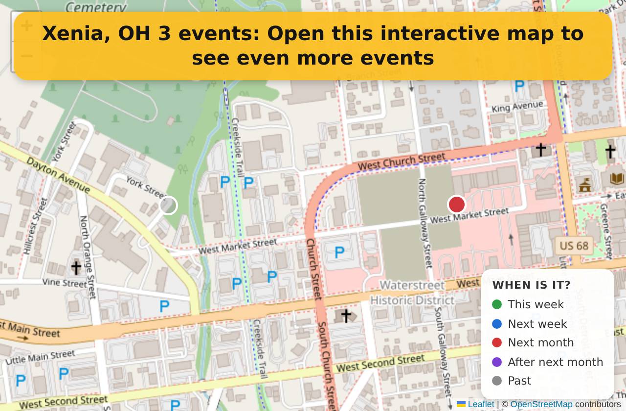 Map of events in Xenia, OH on the interactive EVENTULIST map