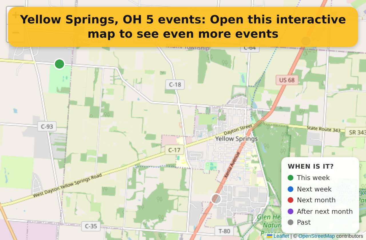 Map of events in Yellow Springs, OH on the interactive EVENTULIST map
