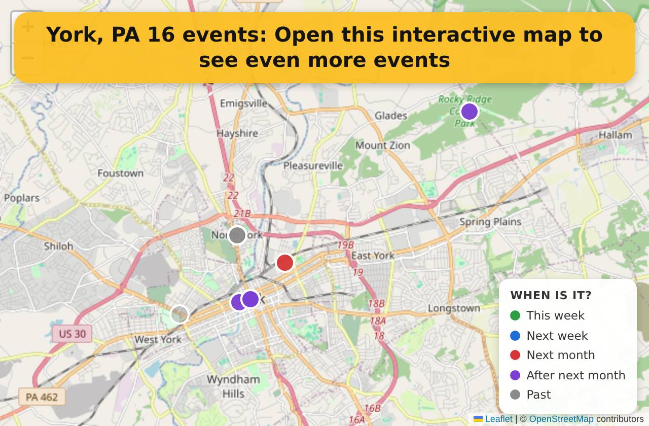 Map of events in York, PA on the interactive EVENTULIST map