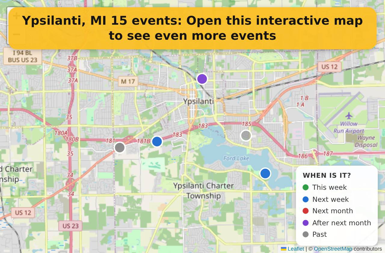 Map of events in Ypsilanti, MI on the interactive EVENTULIST map