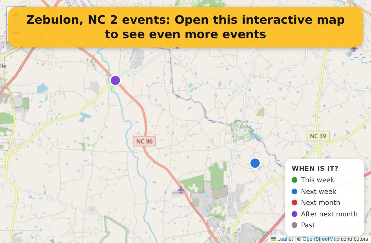 Map of events in Zebulon, NC on the interactive EVENTULIST map
