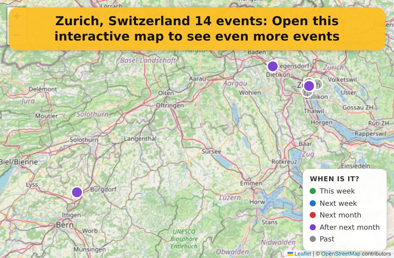 Map of events in Zurich, Switzerland on the interactive EVENTULIST map